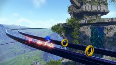 《索尼克未知邊境（Sonic Frontiers）》螢幕截圖，展示索尼克沿著軌道前進來收集光環