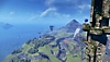 《索尼克未知邊境（Sonic Frontiers）》螢幕截圖，展示索尼克站在古塔塔頂上，俯瞰其中一座島嶼