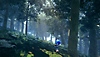 Sonic Frontiers – snímka obrazovky zobrazujúca Sonica bežiaceho lesom