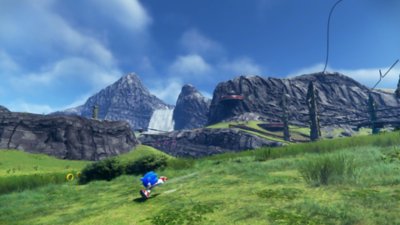 Sonic Frontiers screenshot showing Sonic running across a mountainous area