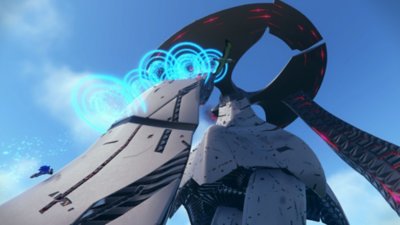 Sonic Frontiers - Istantanea della schermata che mostra una torre futuristica caratterizzata da anelli blu che brillano intorno alla sommità