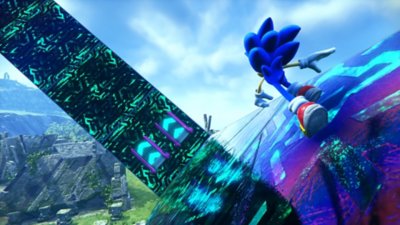 Sonic Frontiers – zrzut ekranu przedstawiający Sonica biegnącego wzdłuż świetlnej ścieżki prowadzącej ku niebu
