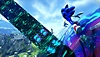 《索尼克未知邊境（Sonic Frontiers）》螢幕截圖，展示顯示索尼克沿著一條發光路徑奔向天空