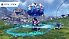 Sonic Frontiers screenshot featuring Sonic speeding around a surreal-looking bipedal monster.