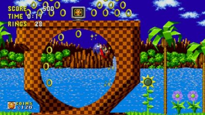 Sonic Origins – snímek obrazovky s obrázkem ve formátu 16:9 zobrazujícím ranou úroveň Green Hill Zone