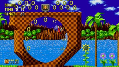 Sonic Origins – Screenshot, das frühe "Green Hill Zone"-Level im Verhältnis 16:9 zeigt.