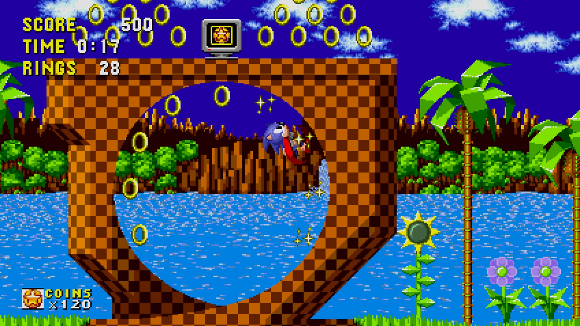 초반의 그린 힐 지역 레벨의 16:9 화면비 이미지를 보여주는 Sonic Origins 스크린샷
