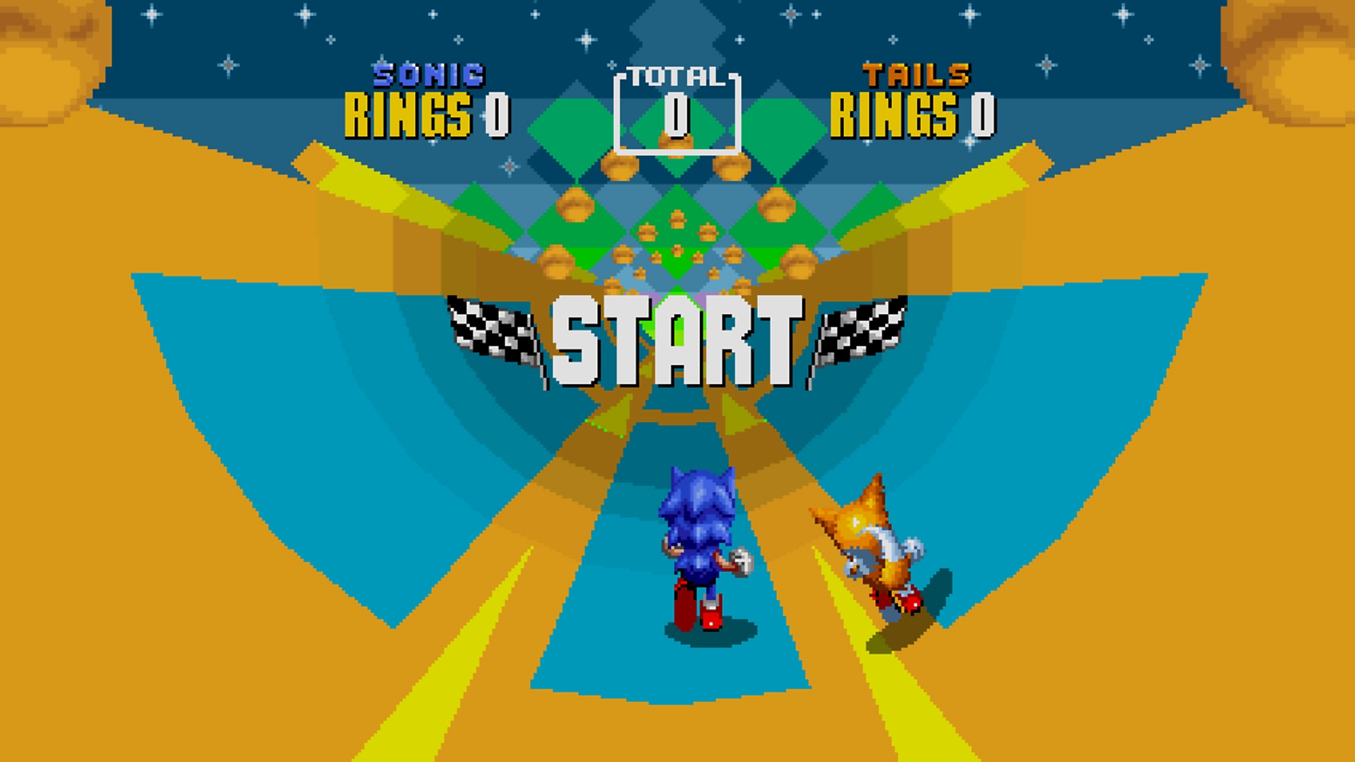 Sonic Origins – snímek obrazovky s postavami Sonica a Tailse probíhajícími úrovní