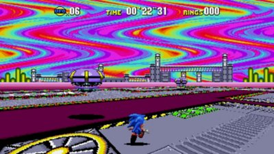 Sonic Origins screenshot showing Sonic running through a stage with rainbow-colored sky