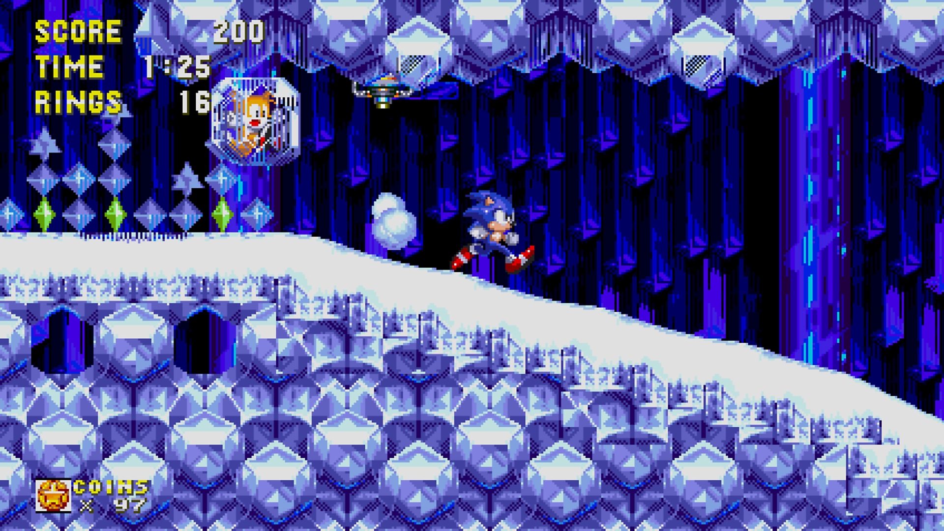 Snimka zaslona iz igre Sonic Origins koja prikazuje Sonica kako trči kroz ledenu razinu