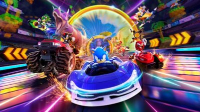 Sonic Racing: CrossWorlds – alkuperäistä promokuvitusta, jossa Sonic the Hedgehog, Tails, Shadow the Hedgehog ja Knuckles juoksevat kilpaa kohti kameraa.
