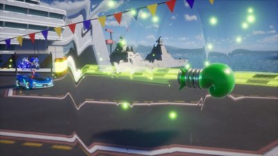 Sonic Racing: CrossWorlds – Capture d'écran montrant Sonic dans son véhicule lançant un coup de poing à l'aide d'un gant de boxe vert