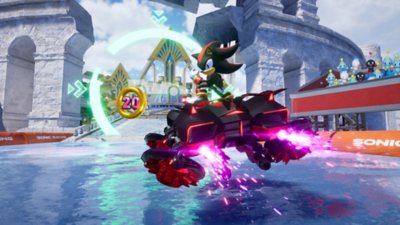 Sonic Racing: CrossWorlds – Capture d'écran montrant Shadows dans son véhicule, sur un circuit aquatique avec des aqueducs de pierre