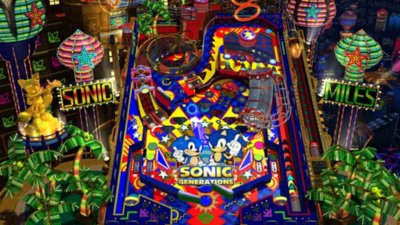 Captura de pantalla de Sonic X Shadow Generations que muestra una mesa de pinball con temática de Sonic