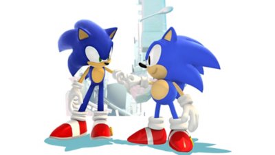 Captura de ecrã do Sonic X Shadow Generations com o Sonic clássico e moderno