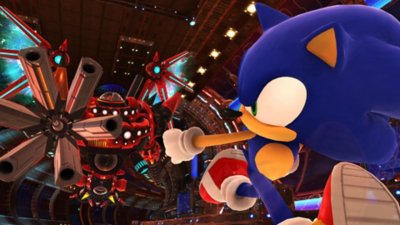 Sonic X Shadow Generations – Screenshot von Sonic, der einem Robotnik-Roboter ausweicht