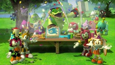 Sonic X Shadow Generations – snímek obrazovky zobrazující několik postav, které pořádají piknik s dortem s motivem Sonica