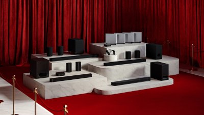 Lineup of five BRAVIA Theatre series models displayed side by side.