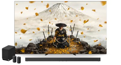 BRAVIA 9 TV and BRAVIA Theatre Bar 9 displaying Ghost of Yōtei gameplay