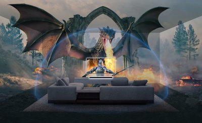 Room setup with BRAVIA Theatre bar9 during a gameplay, where sound fills the space as a hero battles a dragon.