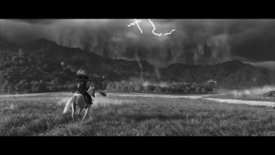 Ghost of Yōtei gameplay in Kurosawa-mode, rendered in black and white like a classic samurai film.