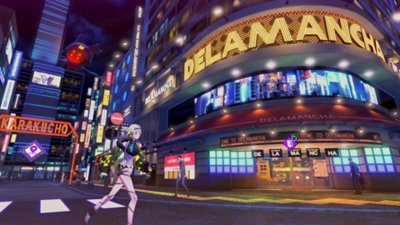 Captura de pantalla de Soul Hackers 2 que muestra a un personaje caminando por una ciudad