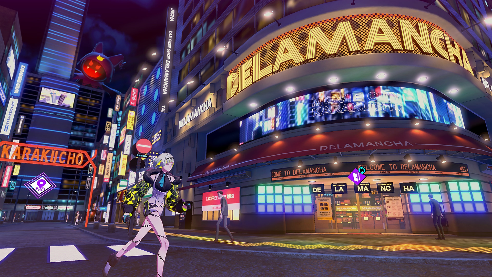 Soul Hackers 2 screenshot showing a character walking through a city