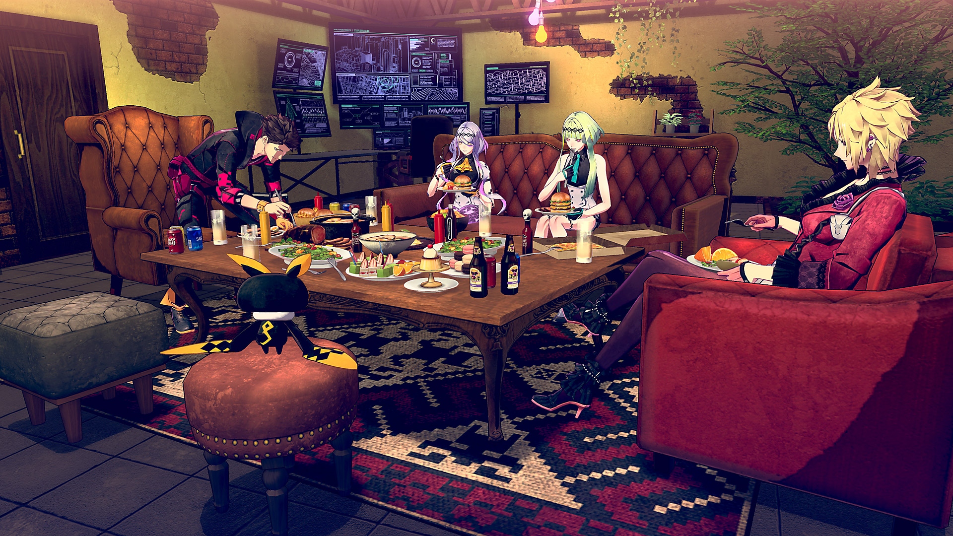 Soul Hackers 2 screenshot showing a group of characters in a sitting room