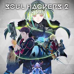 Soul Hackers 2 키 아트, 몇 가지 무기를 소지하고 포즈를 취하는 여러 캐릭터.