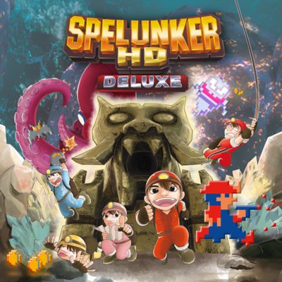 Key-art van Spelunker HD Deluxe met personages die aan touwen zwaaien, op een kaart kijken, en rennen.