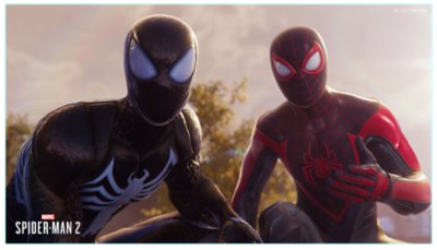 Captura de pantalla de dos spider-men en Marvel's Spider-Man 2