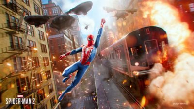 Marvel's Spider-Man 2 for PC screenshot showing Spider-Man alongside drones and a train