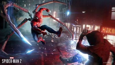 Spider-Man battles an enemy using his Iron Spider technology.