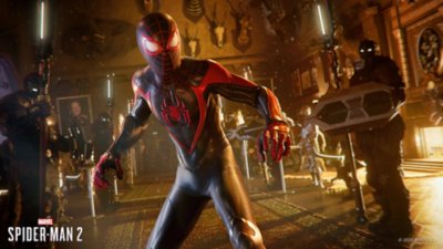 Marvel's Spider-Man 2 - Capture d'écran représentant Miles et des Chasseurs 