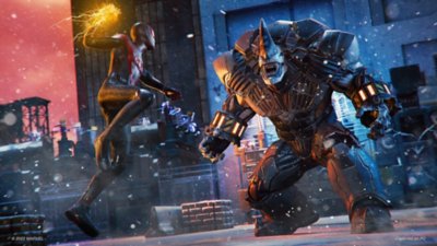 marvel's spider-man miles morales pc screenshot showing Miles facing Rhino