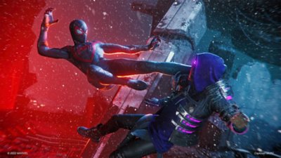 marvel's spider-man miles morales pc screenshot showing Miles kicking the Tinkerer 