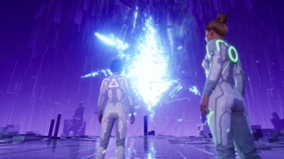 Split Fiction screenshot showing Zoe and Mio in a sci-fi setting, observing a huge, glowing energy source.