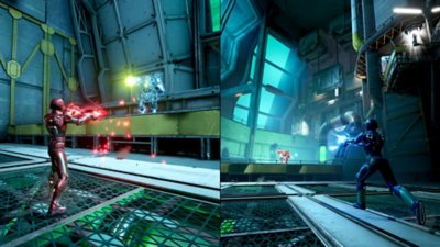 Split Fiction screenshot showing split-screen play in a sci-fi setting, with both players battling against robotic enemies