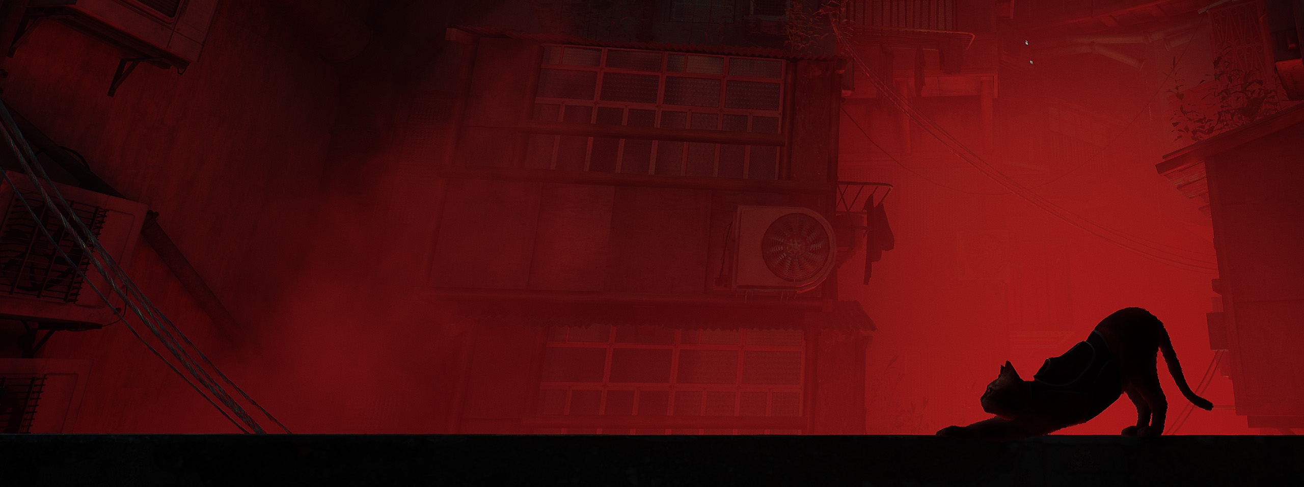 Alternatív fő grafika a Stray játékról, egy macska sziluettjével a vörös városi látkép előtt