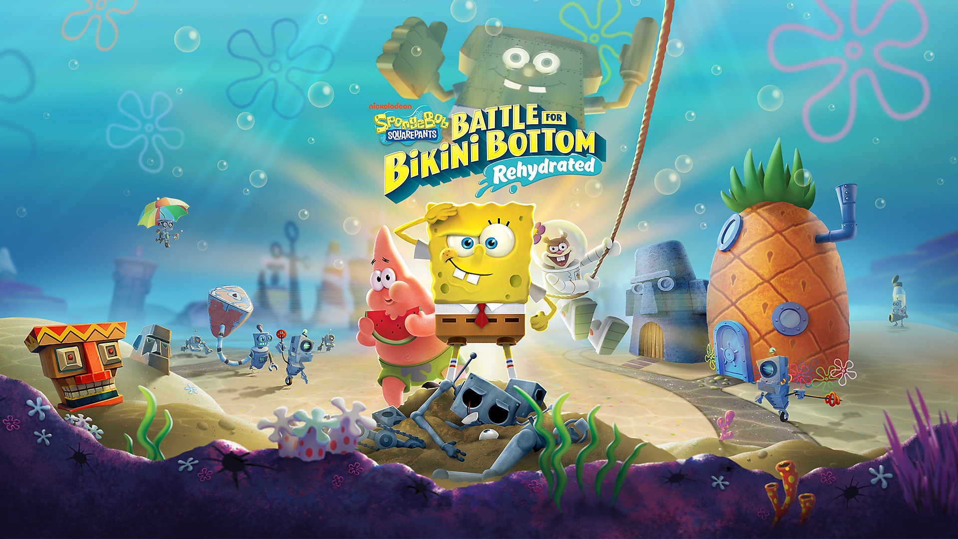 Svampebob som hilser mens Patrick spiser en ananas i Bikinibunnen i SpongeBob SquarePants: Battle for Bikini Bottom Rehydrated på PS4