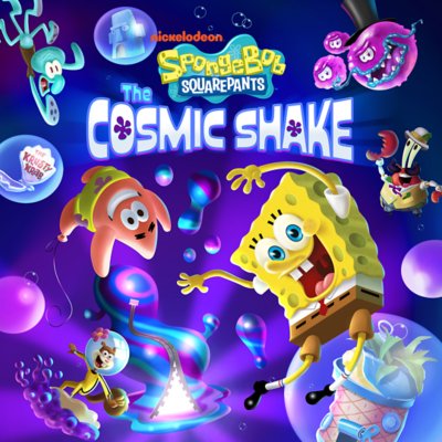 SpongeBob SquarePants: The Cosmic Shake key-art van SpongeBob die samen met Patrick door de ruimte zweeft.