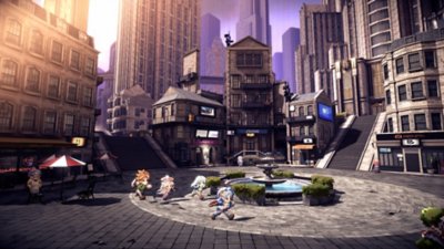 Captura de pantalla de Star Ocean The Second Story R que muestra cuatro personajes en la plaza de una ciudad, con una fuente en el centro y un rascacielos en el horizonte.