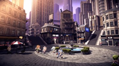 Capture d'écran de Star Ocean The Second Story R – quatre personnages sur une place de ville, avec une fontaine au centre et des gratte-ciel à l'horizon