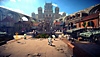Star Ocean The Second Story R - Captura de tela mostrando os personagens parados em um mercado numa praça com um castelo surgindo ao fundo.