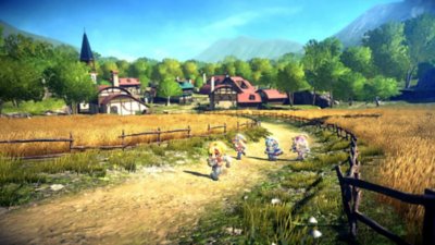 Star Ocean The Second Story R – Screenshot, der Charaktere zeigt, die einen Feldweg entlanggehen, während im Hintergrund ein Dorf zu sehen ist.