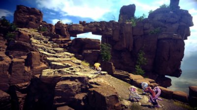 Star Ocean The Second Story R screenshot showing characters walking up steep cliffside steps