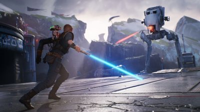 STAR WARS Jedi: Fallen Order – Screenshot von Cal Kestis, der gegen einen AT-ST kämpft