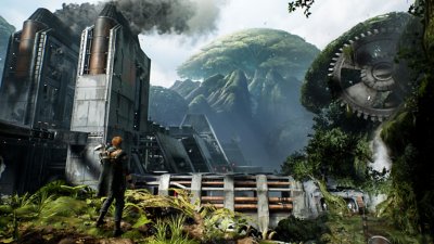 STAR WARS Jedi: Fallen Order screenshot showing Cal Kestis looking out at a semi-industrial landscape on the planet of Kashyyyk
