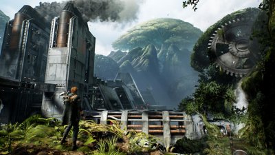 STAR WARS Jedi: Fallen Order-screenshot van Cal Kestis uitkijkend op een soort industrieel landschap op de planeet Kashyyyk