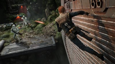 STAR WARS Jedi: Fallen Order – Screenshot von Cal, der an einer Wand läuft